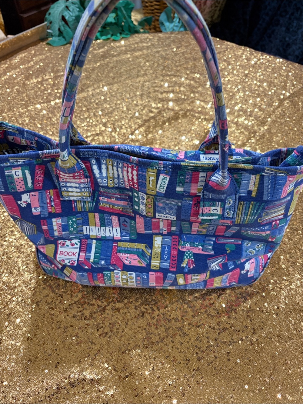 Navy Book-Print Canvas Tote with Pink Accents